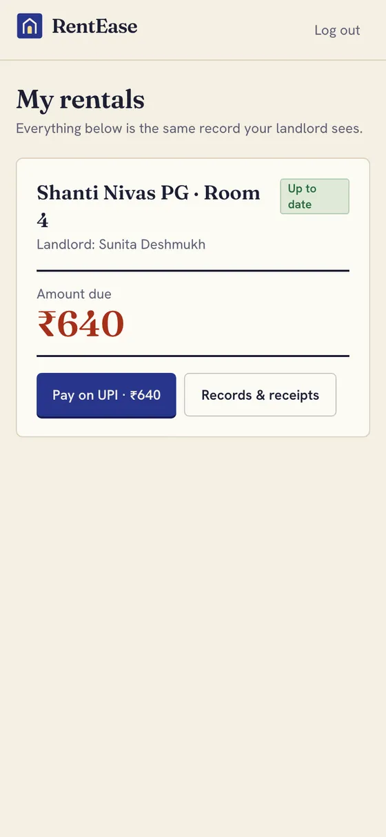 Tenant view showing the amount due and a pay on UPI button
